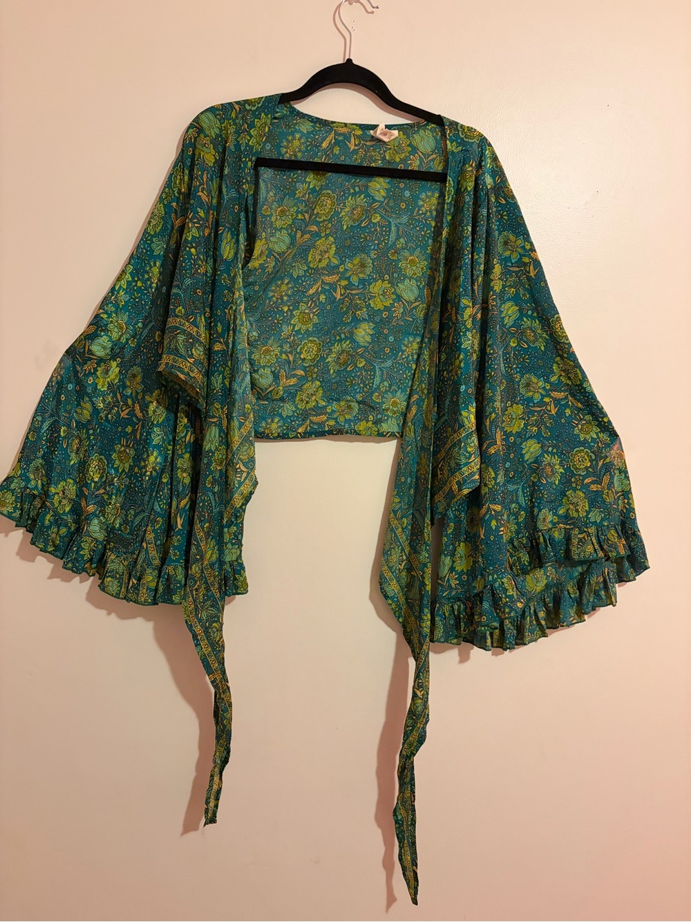 Tie-Front Floral Blouse in Teal and Green - Picture 4 of 9